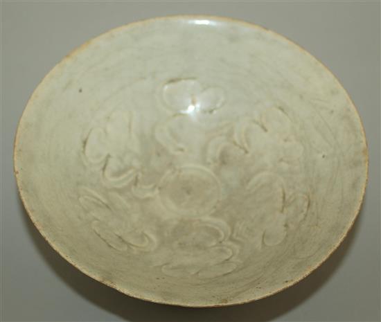 A Chinese Yingqing conical shaped bowl, Song dynasty, 17.5cm, wear to glaze